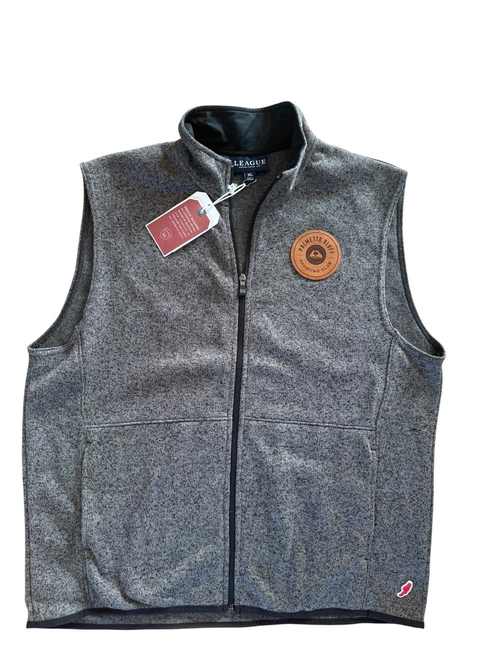 League Men’s Heather Gray Full-Zip Fleece Vest with Chest Patch - Picture 1 of 4